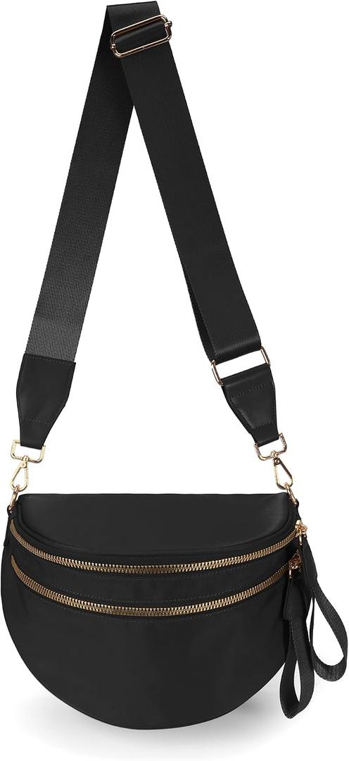 FEIBOON Spacious Nylon Crossbody Bag Bum Bag Handbags Wallets Purses Trendy Shoulder Bag for Women (black)