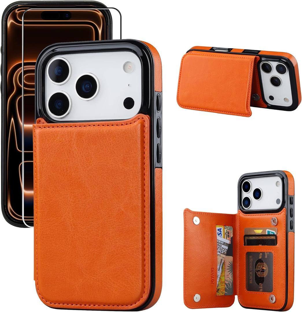 for iPhone 17 Pro Max Wallet Case with Screen Protector, Slim PU Leather Protective Case with Card Holder[RFID Blocking] Kickstand Cover 6.9"-Orange