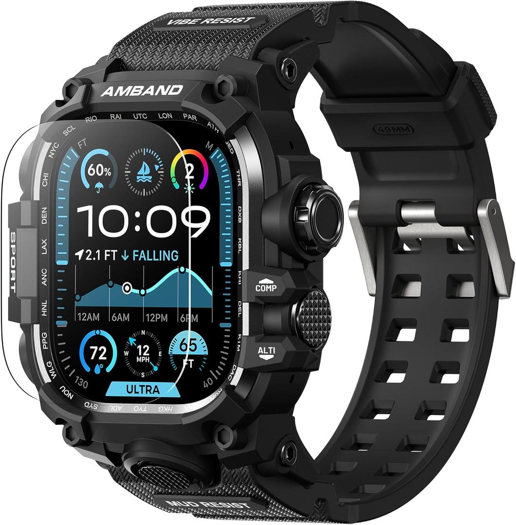 amBand Rugged Case with Band for Apple Watch Ultra 3/2/1 49mm, M3 Military Grade Shockproof Cover, Includes Screen Protector Kit, Tactical Band for Men - Compatible with iWatch Ultra, Matte Black