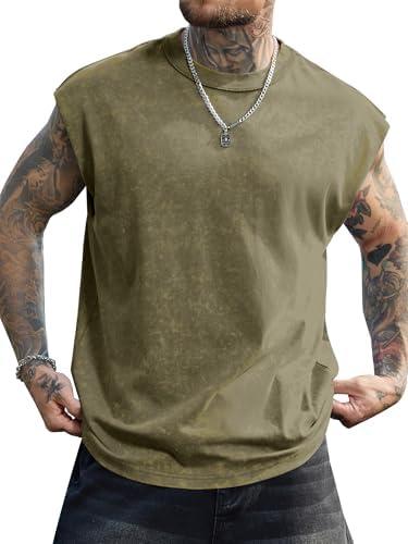 PLEPAN Men's Streetwear Fashion Tank Tops Cut Off Muscle Shirts Workout Gym Tee Olive Small