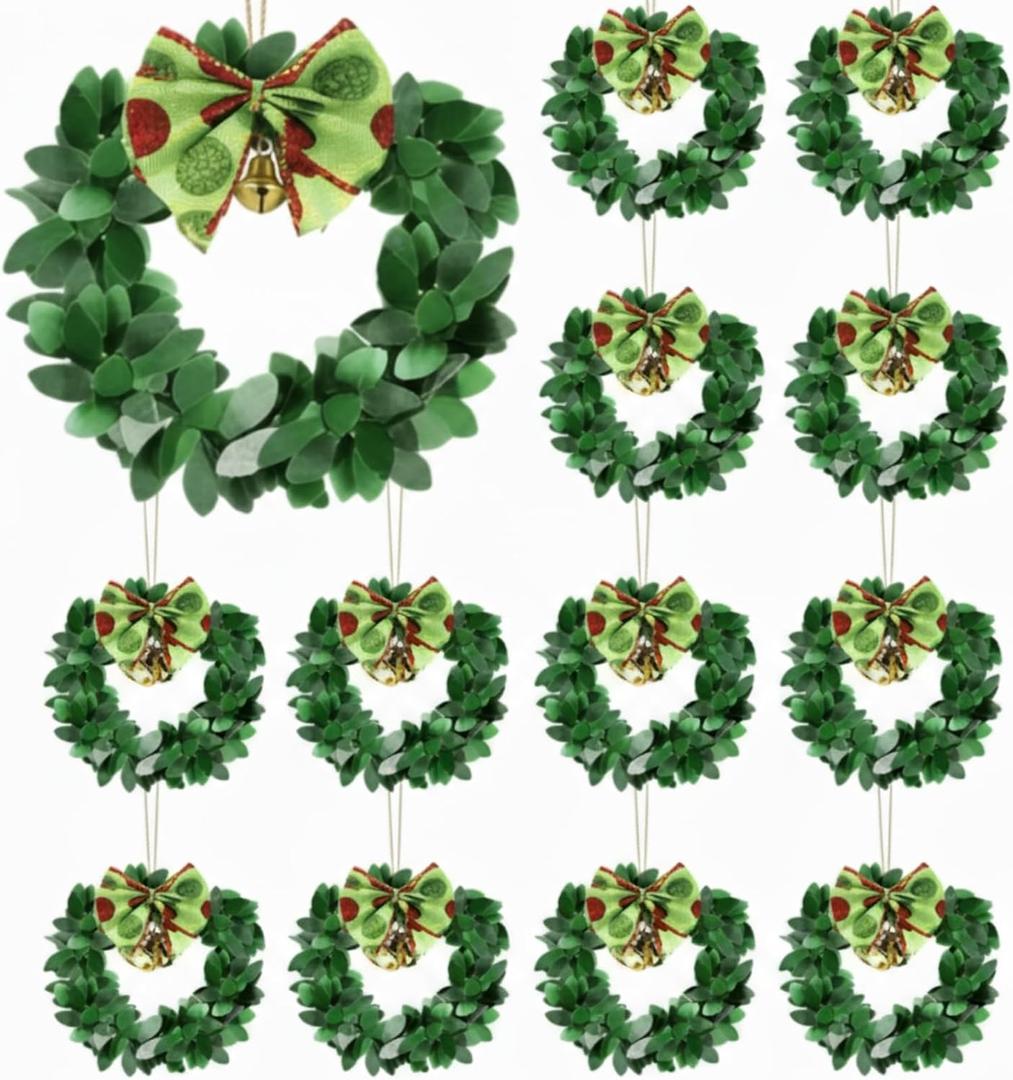 Syhood 12 Pcs Mini Christmas Wreaths for Cabinets with Gold Bells Small Kitchen Xmas Decor Christmas Cabinet Wreaths Ornament for Kitchen Chair Fireplace Farmhouse Home Decor(3.15 Inch,Green Bowknot)