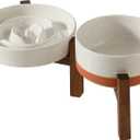Havniva Elevated Slow Feeder Dog Bowls, 1.2 Cups/7.3 inch Slow Feeders + 6.1 inch Ceramic Dog Food & Water Bowls Set with Acacia Wood Stand Puzzle Bowls for Fast Eater, Small Dogs Anti-Choking