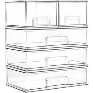 Vtopmart Stackable Storage Drawers Set of 5, Clear Plastic Organizer Bins for Bathroom Supplies,Ideal for Cabinet,Pantry,Laundry Room Organization (2 Small+3 Wide)