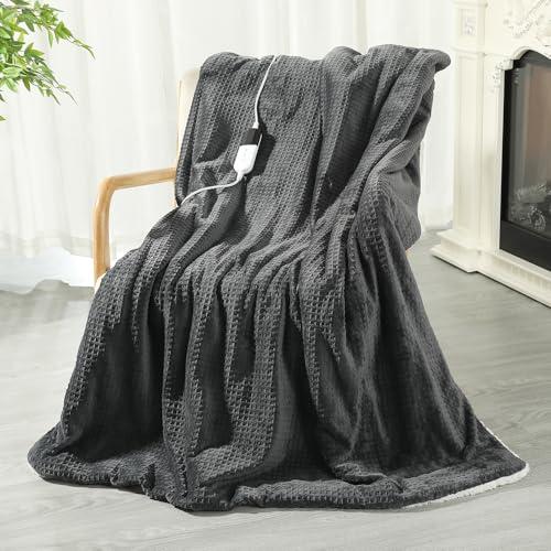 Heated Blanket Throw,Waffle Weave Electric Blanket, Rapid Heating,LCD Controller,6 Temperature Settings, 4-Hour Auto Shut-Off,ETL Certified, Machine Washable, 50“ × 60”,Luxury Black