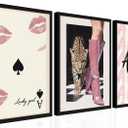 Trendy Leopard Wall Art Set of 3, Pink Preppy Y2K Cheetah Prints Wall Decor Paintings, Funky Lucky Girl Amore Aesthetic Posters Pictures for Living Room Bedroom Dorm Decor 16x24 Inch Wood Framed, 24L" x 16W"