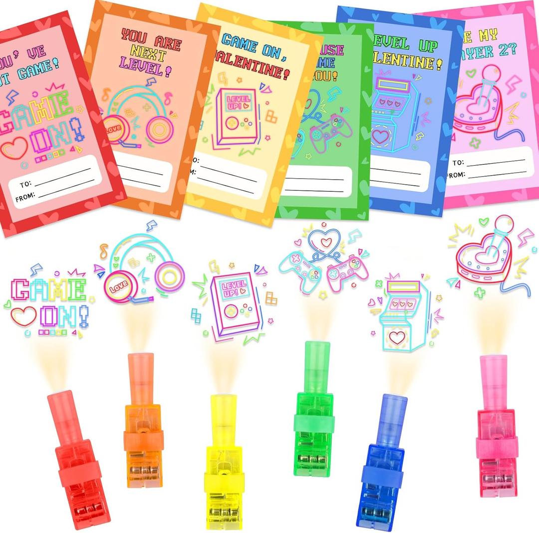 Valentines Day Finger Lights,30 Pack Valentines Day Gifts for Kids Classroom,Game Pattern Glow in the Dark Bulk Party Favors, Exchange Gifts Class Prize Packing Bags Filler