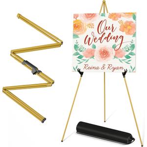 SunyesYoon Display Golden Easel Stand - 63" Artist Instant Tripod Collapsible Portable Floor Easel - Adjustable Art Poster Easy Folding Metal Stand for Display Show, Wedding, Painting