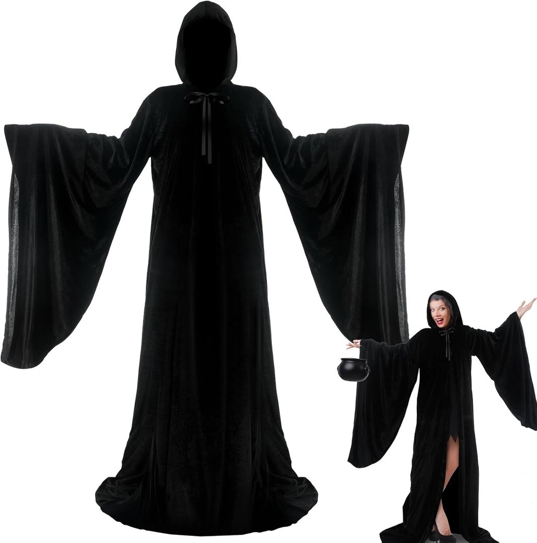 Tarpop 63 Inch Black Velvet Wizard Robe Witch Cloak for Women Renaissance Long Halloween Hooded Black Cape for Men Halloween Cosplay Costume