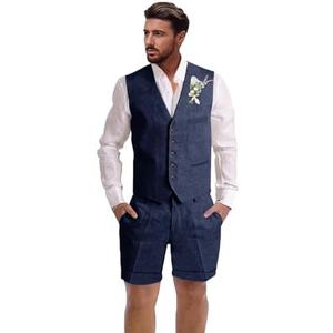Dsteng Mens Linen Suit 2 Piece Short Suits for Men Casual Summer Beach Wedding Suit Linen Vest Shorts Set, 4XL