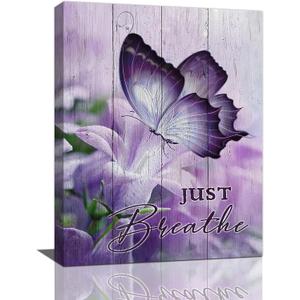 Farmhouse Butterfly Wall Art Purple Bathroom Wall Decor Butterfly Lily Flower Pictures Canvas Prints Framed Modern Just Breathe Painting Artwork for Bedroom Living Room Kitchen Dining room 12"x16"