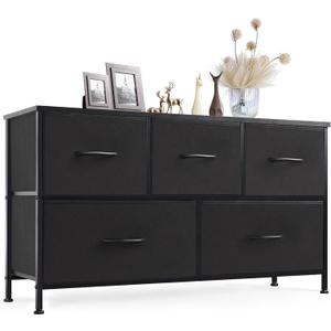 Sweetcrispy Dresser for Bedroom with 5 Storage Drawers, Fabric Storage Tower Organizer, Chest of Drawers with Metal Frame Wooden Top for Closet, Living Room, Entryway, Black