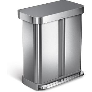 simplehuman 58 Liter / 15.3 Gallon Rectangular Dual Compartment Recycling Step, Brushed Stainless Steel with Soft-Close Plastic Lid Kitchen Trash Can (Gray Plastic Lid)