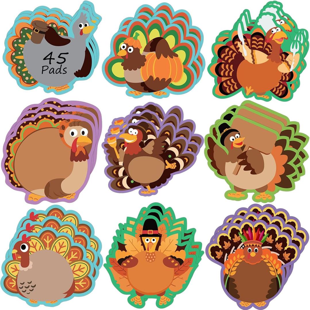 45 Pads 900 Sheets Thanksgiving Sticky Notes Turkey Self Sticky Memo Pads Adhesive Cute Sticky Notes Self Stick Pads for Office School Classroom Supply Student Kids Autumn Fall Party Favor, 9 Styles