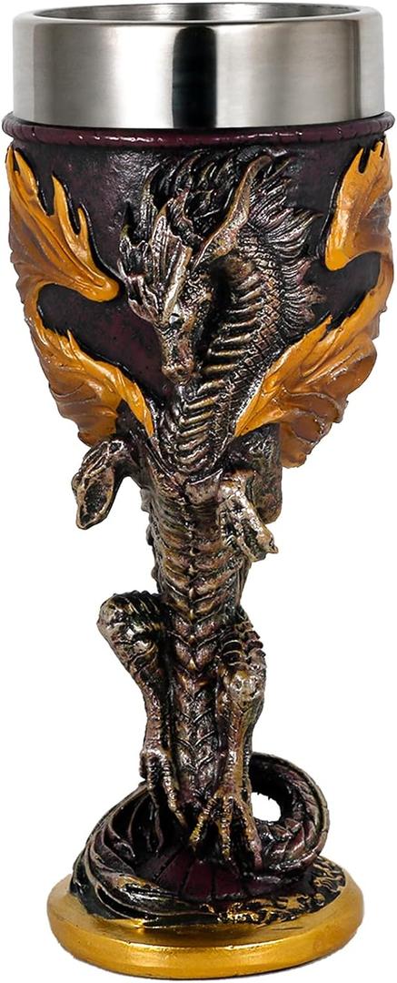 alikiki Medieval Flame Dragon Wine Goblet - Fantasy Dungeons and Dragons Wine Chalice Goblet- 7oz Stainless Steel Cup Drinking Vessel - Ideal Novelty Gothic Father Day Gift Party Idea
