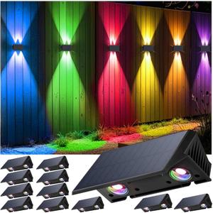 Fence Lights Solar Powered, 12-Pack Solar Fence Lights Up/Down Flexible Buttons, IP67 Waterproof for Outdoor, 100LM Bright, Auto Dusk to Dawn for Wall/Stairs/Yard/Railing/Deck/Pathway (White & RGB)