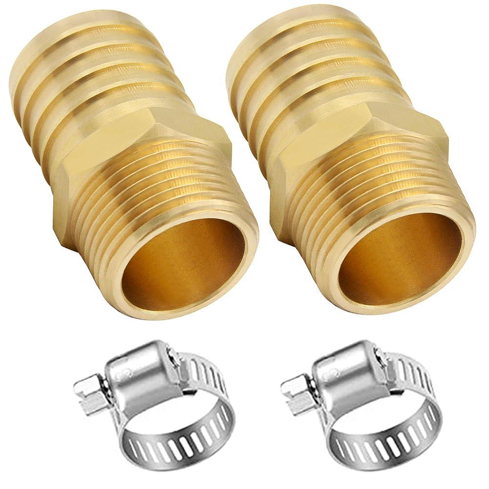 2 Pcs Hose Barb Fittings 3/4" Barb to 3/4" NPT Male Thread Brass Metals Adapter connector with Hose Clamp