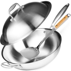 Willow & Everett Stainless Steel Flat Bottom Wok Pan, Professional Traditional Stir Fry Cookware w/Domed Lid & Spatula, Low Maintenance Rust & Scratch Resistant for Induction Gas Electric Stove Top