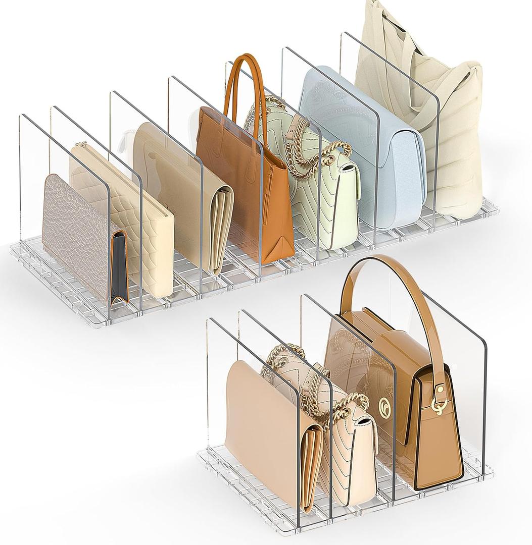 SortNStore Bag & Purse Organizer for Closet: Adjustable Clear Handbag Storage Shelf - Plastic Clutch Dividers for Closet Organizers and Storage - Keep Carteras & Pocketbook Upright 3 Pack - 11Dividers