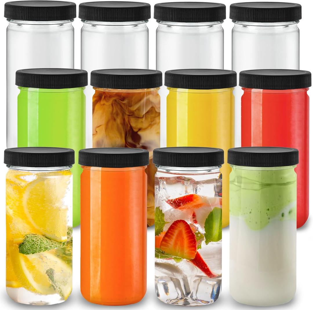 DilaBee 12-Pack 8oz Round Empty Glass Water Bottles - Glass Juice Bottles with Lids for Juicing, Smoothie, Milk & Kombucha - Juice Containers for Fridge, Smoothie Bottle, Clear Water Bottle BPA-Free