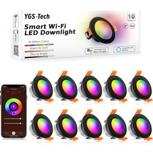 YGS-Tech Smart 2 Inch Recessed Lighting, WiFi LED Downlight 5W 120V, Compatible with Alexa and Google Home, Dimmable RGB & CCT 2700-6500K, Black Trim, LED Ceiling Light with Driver (10 Pack) (RGB (Red, Green, Blue))