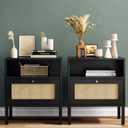 Angel Sar Rattan Night Stand Set 2, Boho Bedside Table Black Nightstand with Rattan Door, Storage Cabinet, Open Storage Space & Sturdy Metal Legs, Accent Bed Side Table, Wood End Tables Bedroom