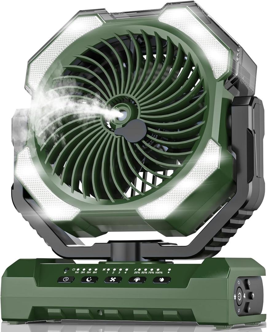 Misting Fan Portable with 9oz Water Tank, 24000mAh Rechargeable Cooling Fans for Outside, Outdoor Water Misters with 2 Mist Modes, Remote Control Camping Fan with Timer for Beach, Tents, Patios (Army Green)