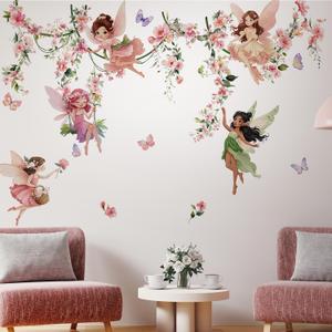 Flower Fairy Wall Decals, Floral Butterfly Elf Art Wall Sticker, Peel and Stick Butterfly Flowers Vine Airy Decor for Kids Girls Room Baby Nursery Bedroom (Pink Fairy Vine Wall Decals)