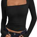 Trendy Queen Womens Long Sleeve Shirts Going Out Tops Square Neck Crop Workout Tops (Medium, Black)