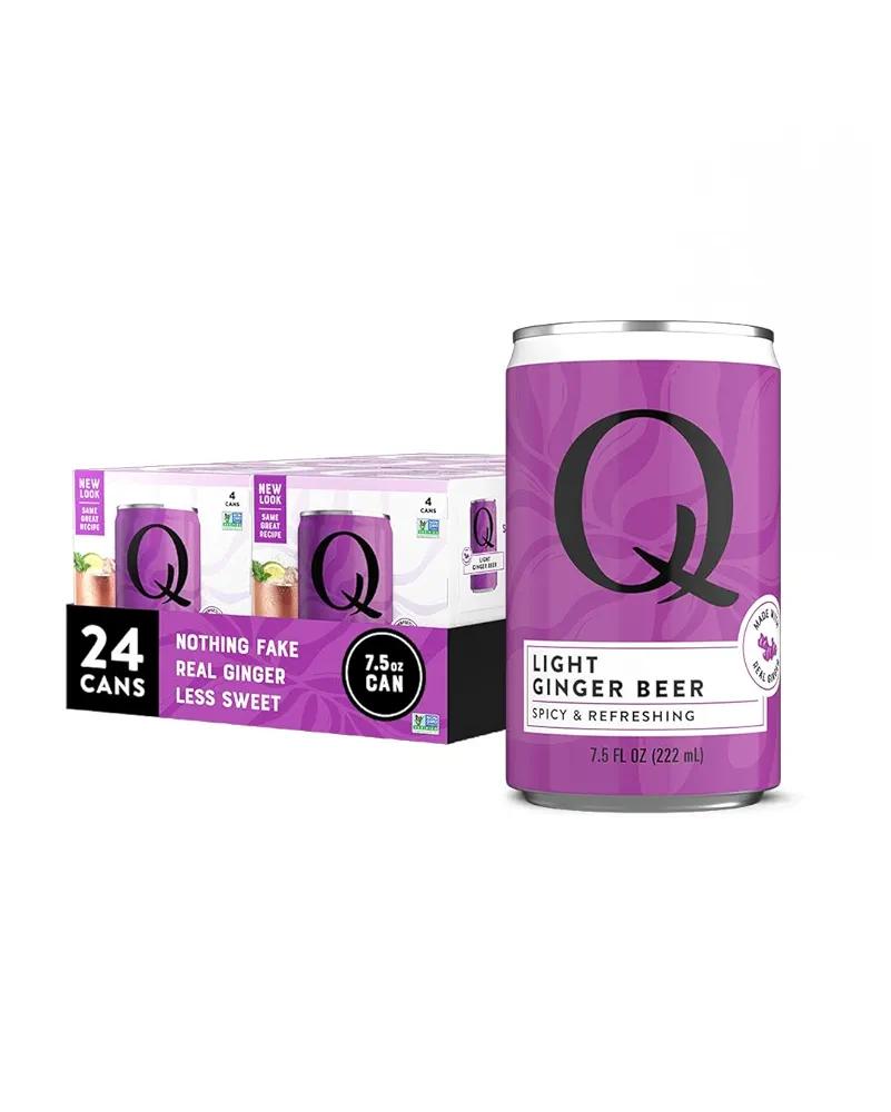 Q LIGHT GINGER BEER with Real Ginger & Organic Agave - Ideal for Cocktails & Mocktails - Made with Real Ingredients, Perfectly Carbonated, & Less Sweet - 40 Calories per Can - 7.5 Fl oz (Pack of 24), Best By: 06/04/2027