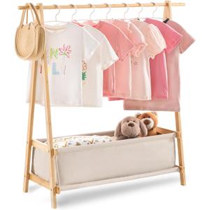 Sino Salected Kids Clothing Rack with Storage Box, Kids Dress Up Rack, Dance Costume Garment Rack for Hanging Clothes,Garment Rack for Hanging Clothes Organizer, Bamboo (Natural)