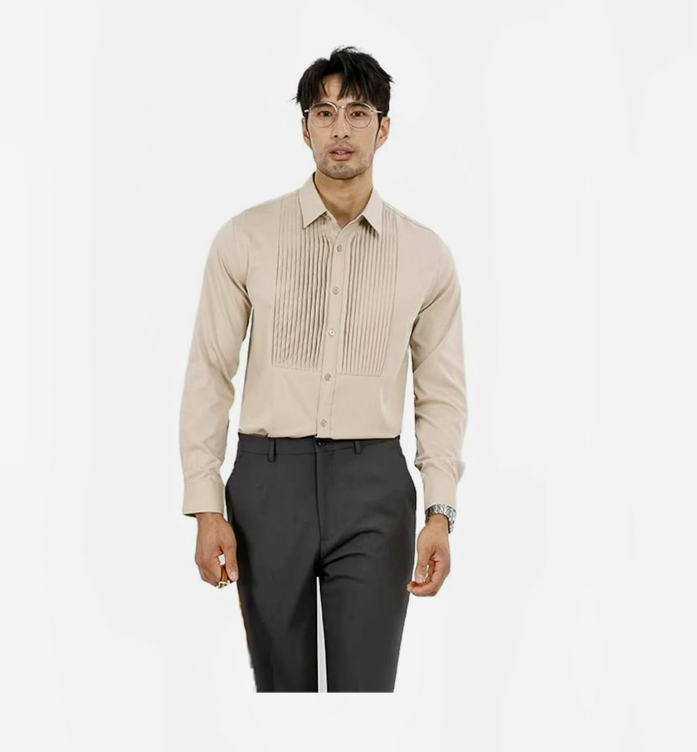 Men's Shirt Male's Business Commuter Black Long Sleeve Tops-Apricot-Small