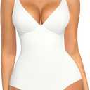 FeelinGirl Shapewear Bodysuits for Women Tummy Control Body Suits Deep V Neck Corset Body Shaper Tops (Medium, White)