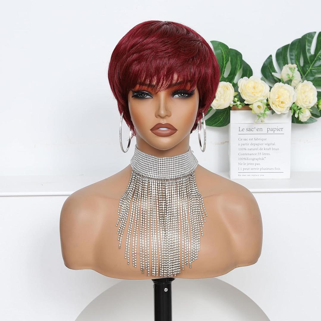Short Pixie Cut Human Hair Wig For Black Women Human Hair Glueless None Lace Front Wig With Bangs Natural Straight Wigs For Daily Use Wear and Go (burgundy-4")