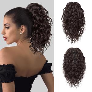 Flufymooz Ponytail Extension, 12" Short Claw Ponytail Extension Wavy Curly Jaw Clip in Pony tails Hair Extension Natural Synthetic Hairpiece for Women (Dark Chocolate Brown)