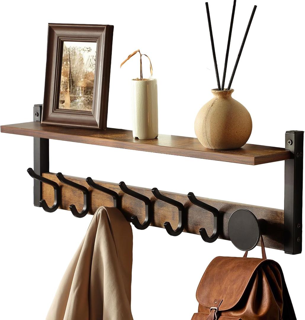 YIGII Coat Rack with Wall Mount, 24 Inch Long Entryway Wall Shelf with Hooks, Wood Hanger with Storage Shelf for Bathroom, Hallway, Rustic Brown Black