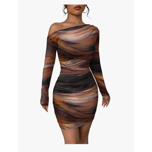 Women's Off Shoulder Ombre Tie Dye Bodycon Dress Long Sleeve Slim Fit Pencil Mini Dresses XL