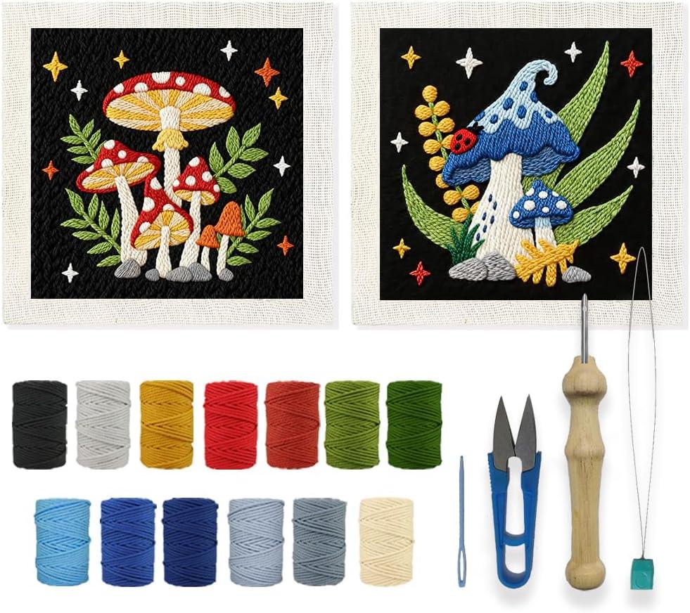 INFUNLY 2PCS Mushroom Punch Needle Kit for Beginners Art Night Mushroom DIY Punch Needle Embroidery Starter Kit Handcraft Needlepoint Set with Plant Pattern Instruction for Festival Gift Home Decor