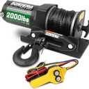 2000lb ATV Winch Electric 12V,with Synthetic Rope, RV Waterproof Towing Winches,with Wired Manual Remote Controller Switch,with Mounting Plate, Fairlead&Hook (black)