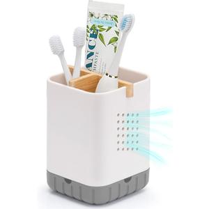 Boperzi Toothbrush and Toothpaste Holder with Bamboo Divider for Bathroom Countertop Organizer, Plastic Detachable Anti-Slip Large Electric Toothbrush Holders Storage Caddy Drainage for Family, Kids (White&Gray)