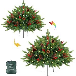 2 Pack 24 Inch Christmas Urn Filler, Dual Color Change & Timer Christmas Tree with Pinecones Red Berries Tripod Stake Battery Operated 8 Mode for Porch Outdoor Xmas Trees Christmas Decorations