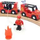 Wooden Train Cars Track Accessories Set Rescue Fire Truck Small Vehicles Magnetic Train Cars Fit for Wooden Train Track Railway for Boys and Girls (Fire Truck(with Light and Sound))