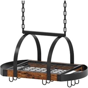 CHOEZON Hanging Pot Rack, Pot Hanger for Kitchen, Ceiling Mounted Pot Holder, Cookware Organizer with 9 S-Shaped Hooks, for Pot, Pan Storage, Space-Saving, Rustic Brown and Black TPR07BF (23.6''L x 15.7''W x 13''H)