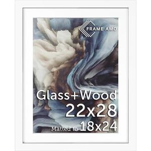 Frame Amo 22x28 White Solid Wood Poster Frame, White Mat for 18x24 Image, Tempered Glass Front, 1.5 inch Wide, 1 inch Thick