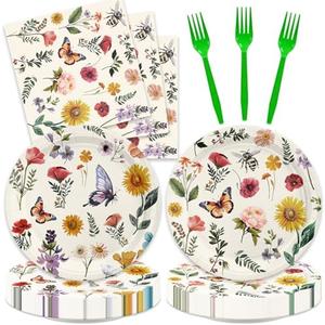 48Pcs Wildflower Baby Shower Decorations Butterfly Floral Bridal Shower Plates and Napkins Party Supplies Wildflower Party Decorations for Romantic Birthday Decor