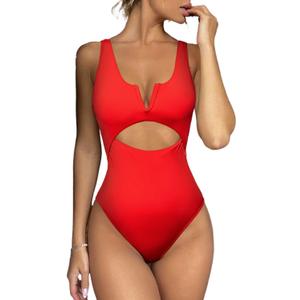 Meyeeka Womens One Piece Swimsuits Tummy Control Bathing Suit for Women Push Up Swimwear V Neck High Cut Monokini (Medium, Red)
