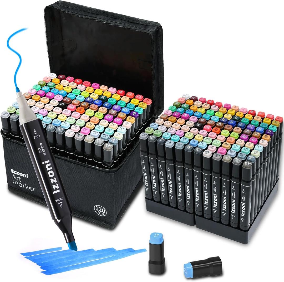 Izzoni 60 Colors Alcohol Markers Set, Dual Tip (Fine & Chisel) Coloring Markers, Permanent Art Drawing Marker for Kids Sketching Adult Coloring with Case and Holders (60 Colors - Black)