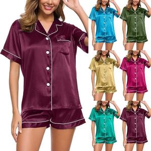 Chase New Designs Women's Silk Satin Pajamas Set Button Down Top and Shorts 2 Piece Sleepwear Loungewear Pjs Set, XL