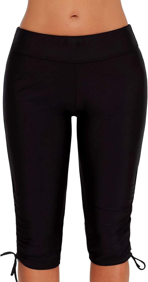Urchics Womens Plus Size Rash Guard Capris Long Swim Shorts Tankini Bottom Sporty 5XL, Black
