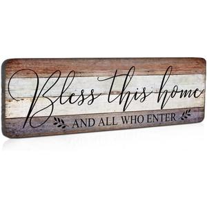 Farmhouse Family Wall Decor Rustic Wood Hanging Wall Art - Bless This Home And All Who Enter - Family Signs for Home Decor Inspirational Quotes for Hallway, Kitchen, Living Room 16"x5"