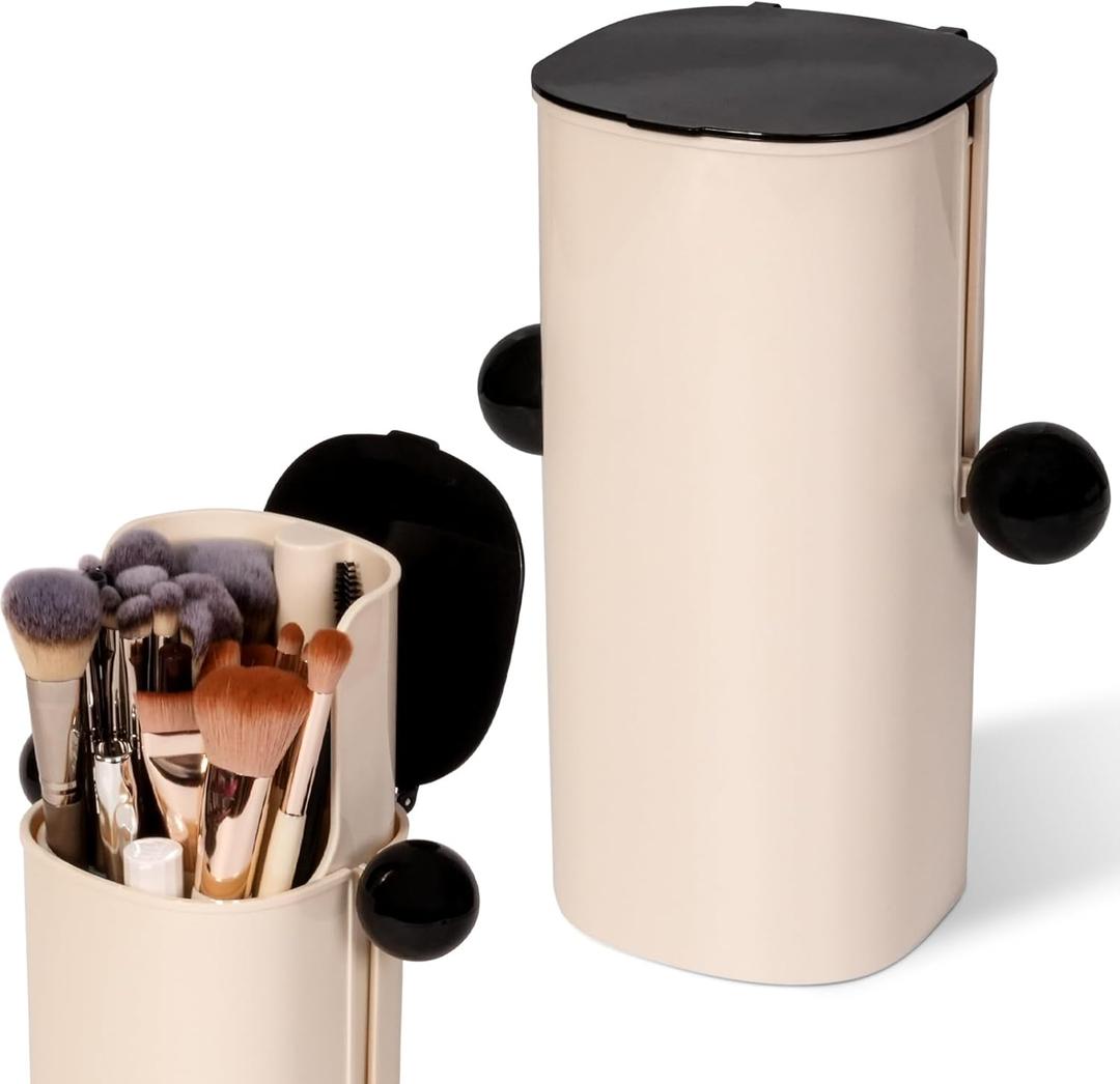 2026 Upgraded Automatic-Lift Makeup Brush Holder, Makeup Organizer with Dustproof & Leakproof Design, Four-slot Make up Brushes Cup for Eyebrow Pencil, Nail Polish, Lip Gloss
